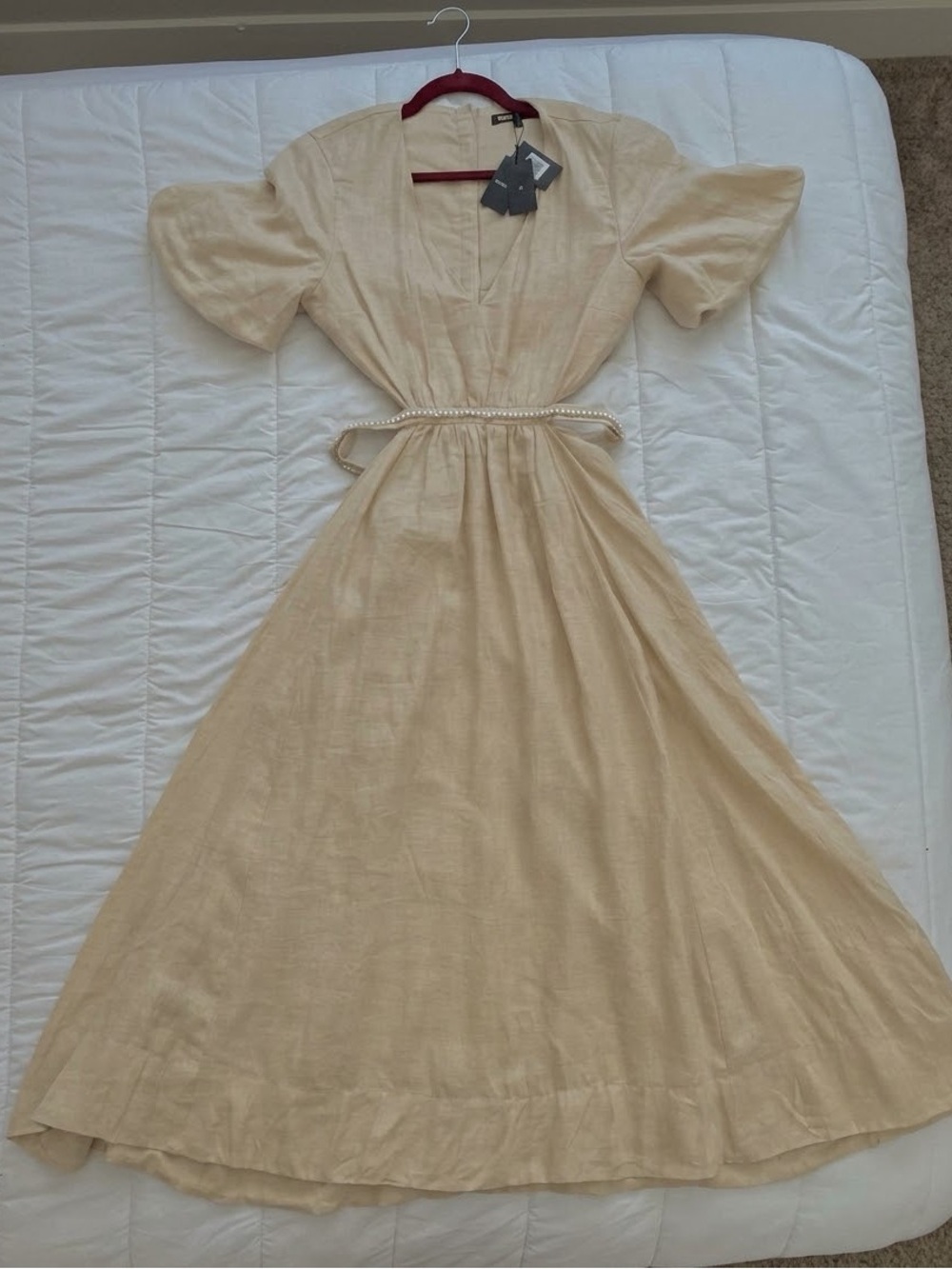 Maje Rivague Linen Maxi Dress Pearl Cutout Beige